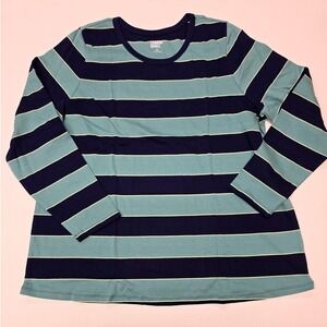 Lands End Womens 2X 20W-22W Long Sleeve Striped T-Shirt Top‎ Teal Navy Blue